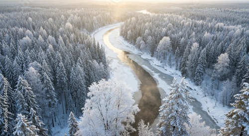 A serene winter landscape showcasing a winding river surrounded by snow-covered trees at sunrise