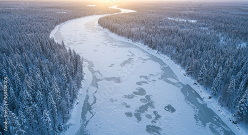 Aerial view of a winding river surrounded by snow-covered trees at sunrise in a serene winter landscape