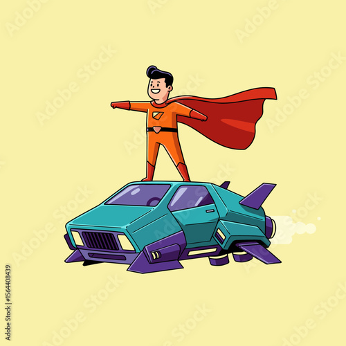 Cartoon superhero in orange suit and red cape stands confidently on a teal flying car with jet thrusters, set against a yellow background.
