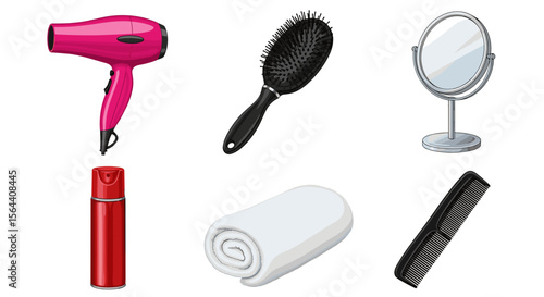 Illustration of pink hair dryer, black hairbrush, mirror, red hairspray, towel, and black comb items