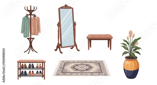 Illustration of an entryway with a coat rack mirror bench shoe rack rug and potted plant decor items