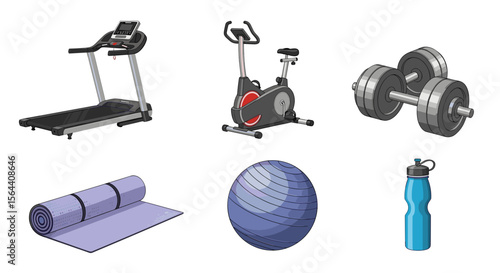 Illustration showing a treadmill, exercise bike, dumbbells, yoga mat, ball and water bottle set up