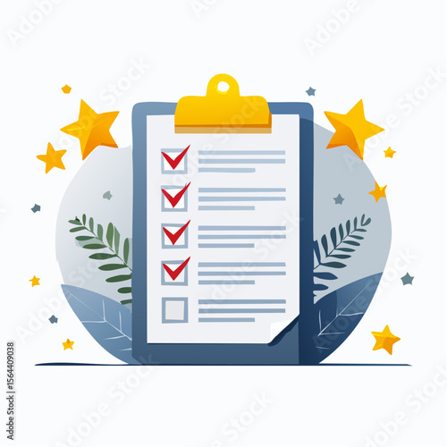 Success Checklist: A stylized illustration showcases a completed checklist with check marks, symbolizing progress, goals and task completion.