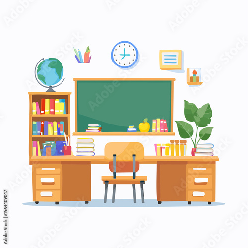 Teacher's Desk: A cozy and bright classroom setting with a teacher's desk at its center, adorned with books, a globe, and a chalkboard, creating an inviting educational atmosphere.