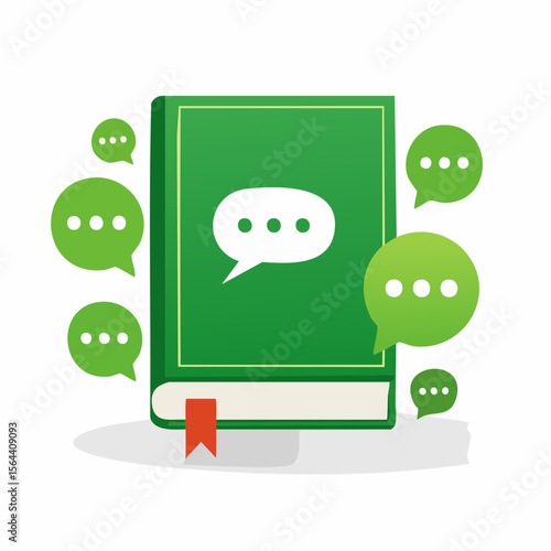 Book of Conversations: A conceptual book illustration featuring a green book with speech bubbles, symbolizing communication, storytelling, and knowledge dissemination in a modern context.