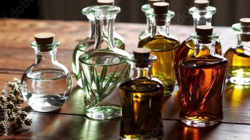 Herbal infusions and essential oils in glass bottles ai generative