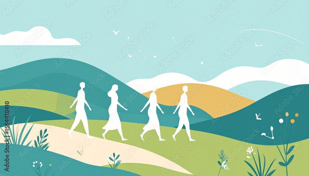 Stylized landscape with humans walking barefoot on grass, practicing mindfulness and connecting with nature Stylized landscape with humans walking barefoot on grass, practicing mindfulness and connecting with nature