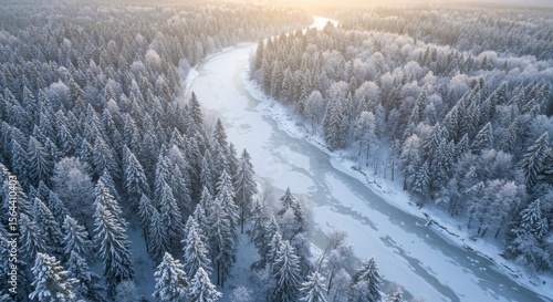 Aerial view of a snow-covered forest with a winding river at sunrise, showcasing winter tranquility