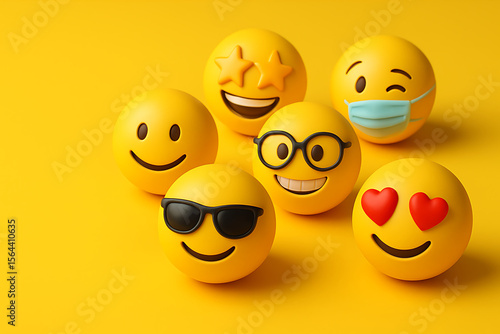 Emoji expressions showcase on world emoji day, a collection of diverse yellow smiley faces with various accessories like sunglasses, medical mask, and glasses on a vibrant yellow background