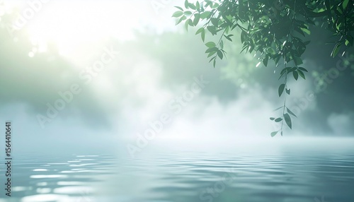 朝の森と水面に射し込む光の自然背景