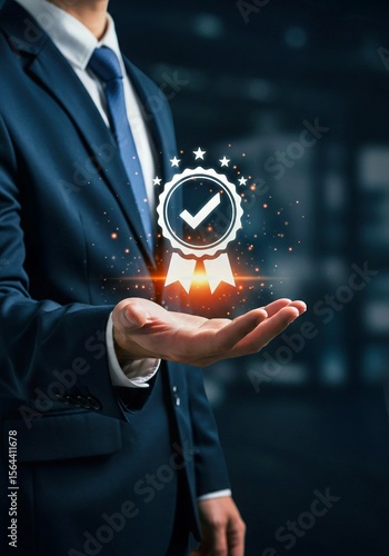 businessman holding a glass of water, Business people showing ideas warranty, international standard, ISO quality certification and quality guarantee mark, Excellent accreditation in the industry, Cer