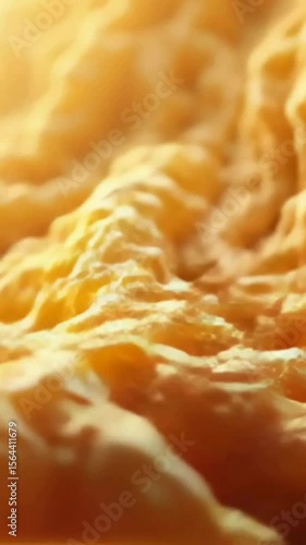 The image shows a close-up view of a peeled orange segment, highlighting the texture and color of the fruit's flesh, with a soft, warm light illuminating its surface.