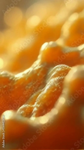 The image shows a close-up view of a textured, orange substance, possibly a food item or a natural material, with a blurred background that accentuates the surface's undulating contours and a warm