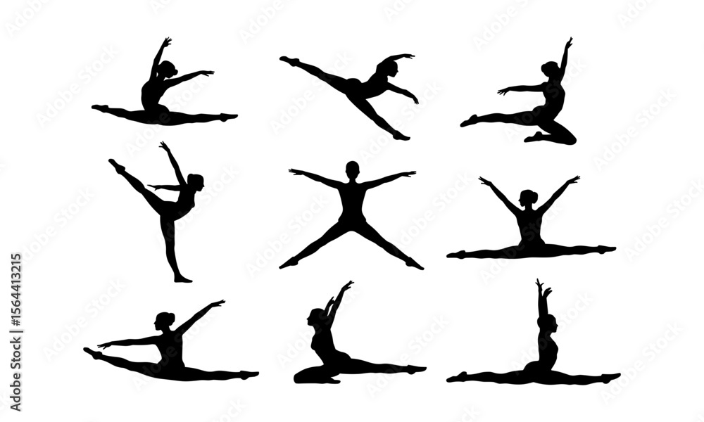 Naklejka premium Black Silhouette Ballet Dance Poses Set