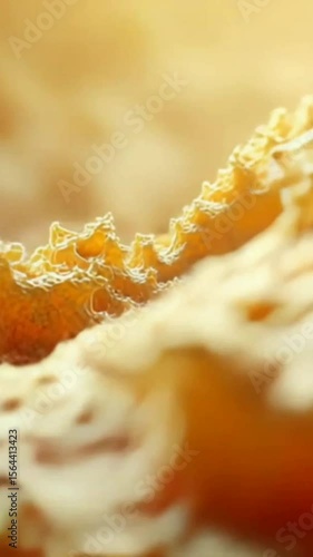 The image shows a close-up of a textured, golden surface that resembles a honeycomb or a piece of fried food, with blurry background suggesting soft lighting and shallow depth of field.