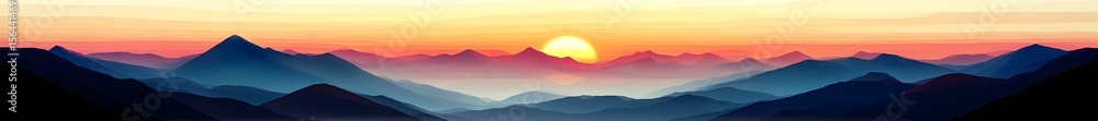 Fototapeta premium A vivid vector illustration of tall mountains at sunrise. The sun glows from behind the peaks, casting smooth cinematic light and deep shadows. Rendered in Octane and Unreal Engine with vibrant colors