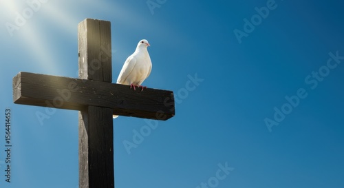 A serene white dove perched atop a wooden cross against a clear blue sky, symbolizing peace and hope