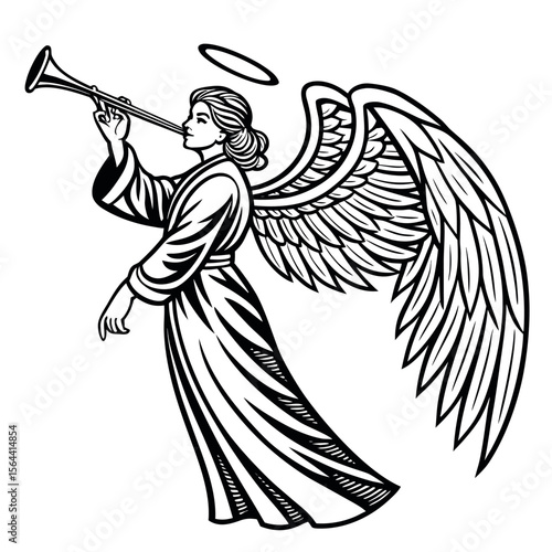 Seraphic messenger blowing a fanfare trumpet with majestic wings and a halo