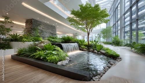 Modern indoor garden with water feature
