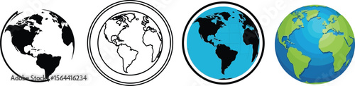 Four earth globe icons in different styles against a transparent grid