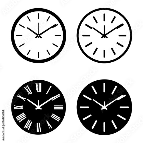 Set of silhouette Clocks on black and different style
