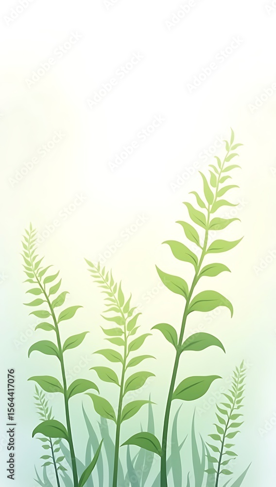 Fototapeta premium A minimal vector illustration of fresh green fern fronds emerging through soft morning mist with bright diffused lighting on a clean white backdrop.