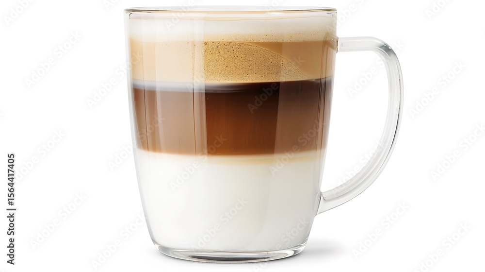 A glass mug with a beautifully layered latte sits in isolation on a pristine white background, creating a simple yet alluring coffee - themed scene that highlights the rich colors and creamy texture A glass mug with a beautifully layered latte sits in isolation on a pristine white background, creating a simple yet alluring coffee - themed scene that highlights the rich colors and creamy texture