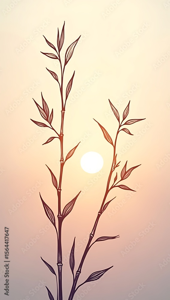 Obraz premium Artistic silhouette illustration of bamboo stalks and leaves against a soft sunset gradient background, evoking tranquility and harmony in nature.