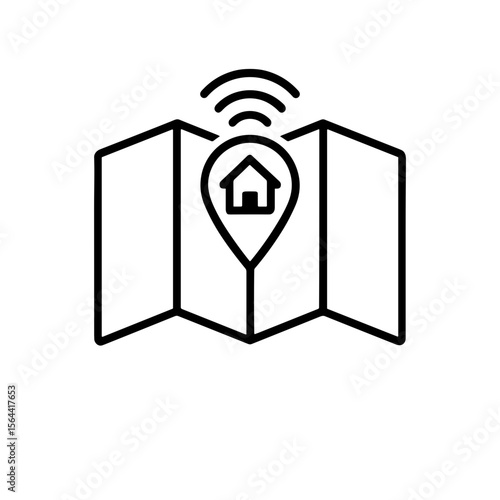 Outline icon of smart home map with location pin and Wi-Fi – connected house layout
