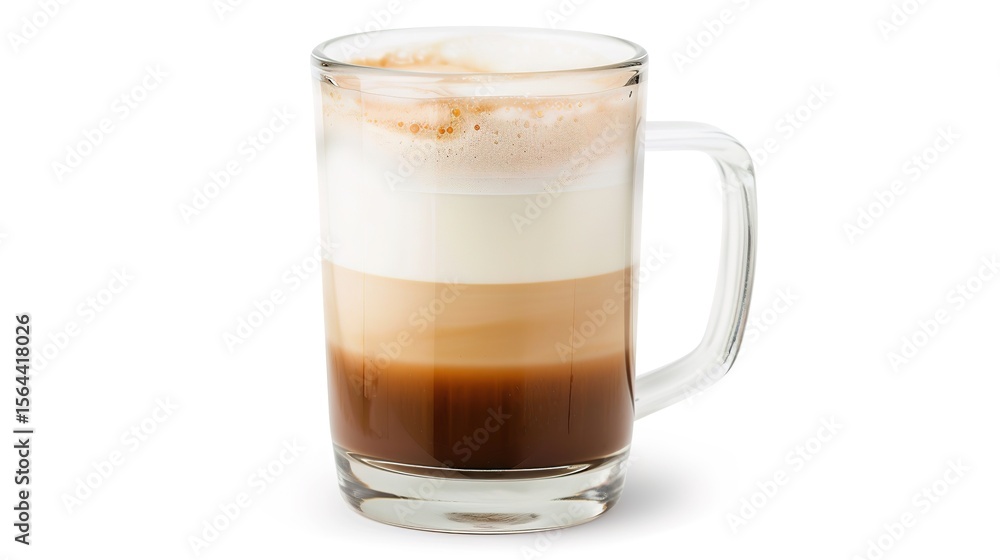 A glass mug with a beautifully layered latte sits in isolation on a pristine white background, creating a simple yet alluring coffee - themed scene that highlights the rich colors and creamy texture A glass mug with a beautifully layered latte sits in isolation on a pristine white background, creating a simple yet alluring coffee - themed scene that highlights the rich colors and creamy texture