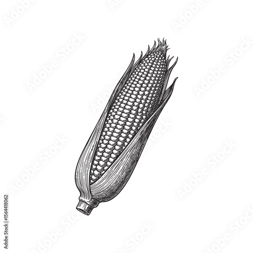 sweet corn ear maize woodcut engraving vector illustration 