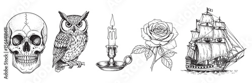 pirate ship, candle, owl, skull graphic element engraving vector illustration