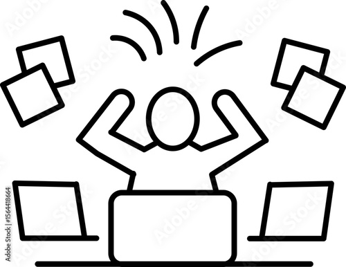 Frustrated person stress overwhelmed paperwork office computer laptop workplace chaos busy. Illustration of frustrated person overwhelmed by paperwork and computers chaotic office environment