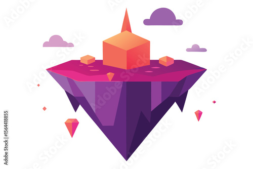 Floating island with geometric structures, vibrant colors, and crystalline elements.