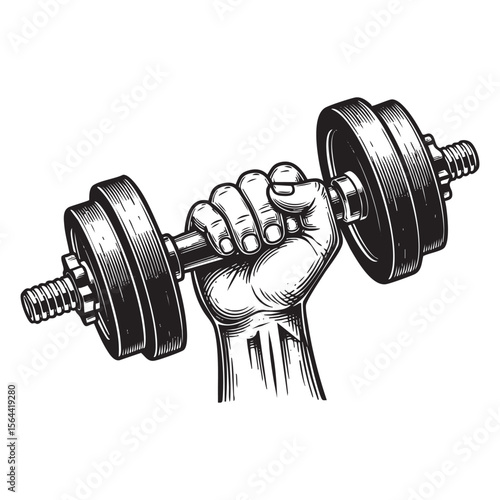 hand holding dumbbell vintage engraving vector illustration