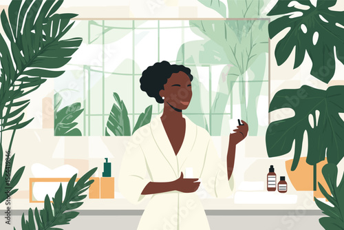 African woman doing skincare routine at home in bathrobe, mirror and plants in background vector illustration