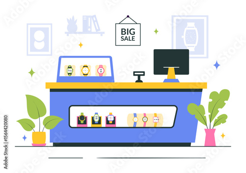 Watches Store Vector Illustration with of Stylish Wristwatch Collection, Featuring Various Analog and Digital Models in a Flat Style Background