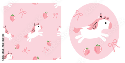 Seamless pattern with unicorn cartoons, strawberry and ribbon bows on pink background. Unicorn, ribbon bows and strawberry icons vector.