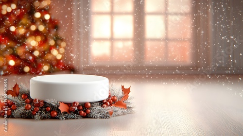 Blank Round Platform with Holiday Decor and Christmas Tree Background