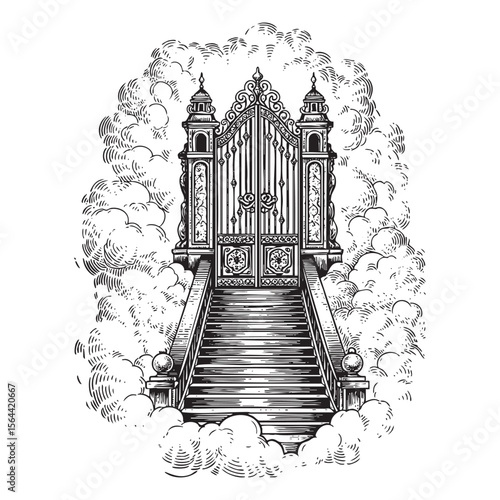 gate of heaven with cloud engraving vector style