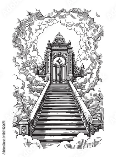 gate of heaven with cloud engraving vector style