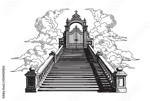 gate of heaven with cloud engraving vector style