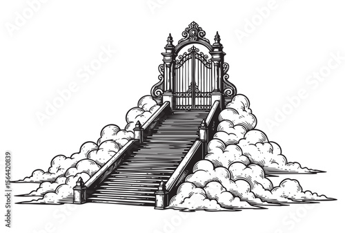 gate of heaven with cloud engraving vector style