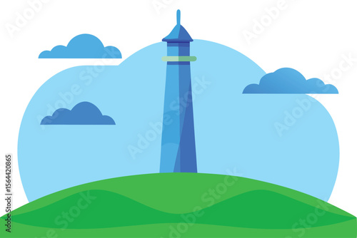 A stylized blue tower stands atop a grassy hill beneath a cloudy sky.