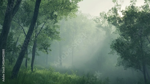 Enchanting woodland scenery with dense green trees and ethereal mist creating a serene and mystical atmosphere