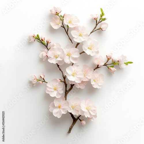 Delicate Cherry Blossom Branch with Soft Pink Flowers on White Background