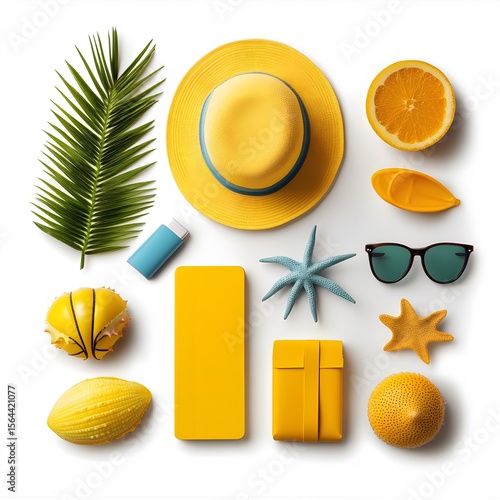 Bright Summer Flat Lay with Yellow Accessories and Tropical Elements