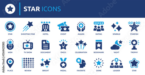 Star icon set. Containing sparkle, favorite, shine, award, starfish, hotel, event, review, shooting star, bright, celebration and more. Solid vector icons collection.