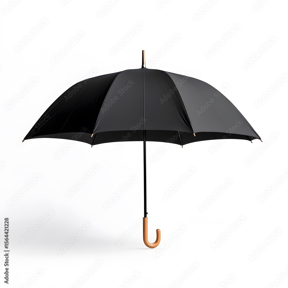 Black Umbrella with Wooden Handle on Plain White Background Black Umbrella with Wooden Handle on Plain White Background