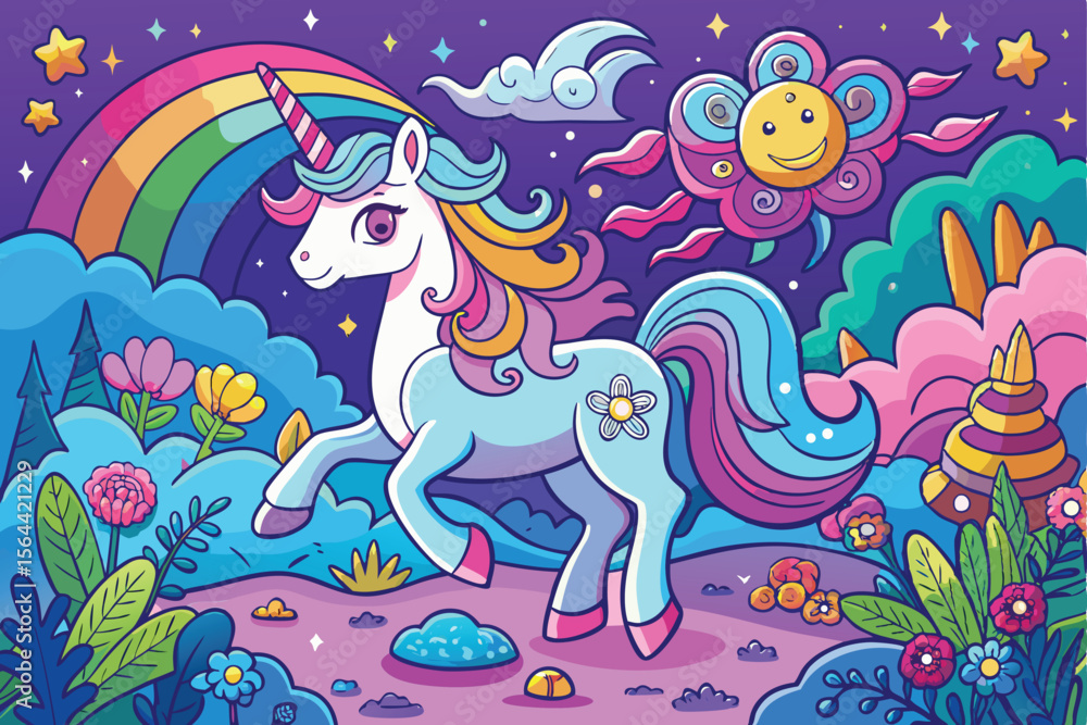 Obraz premium Cute Unicorn in a Magical Rainbow Landscape